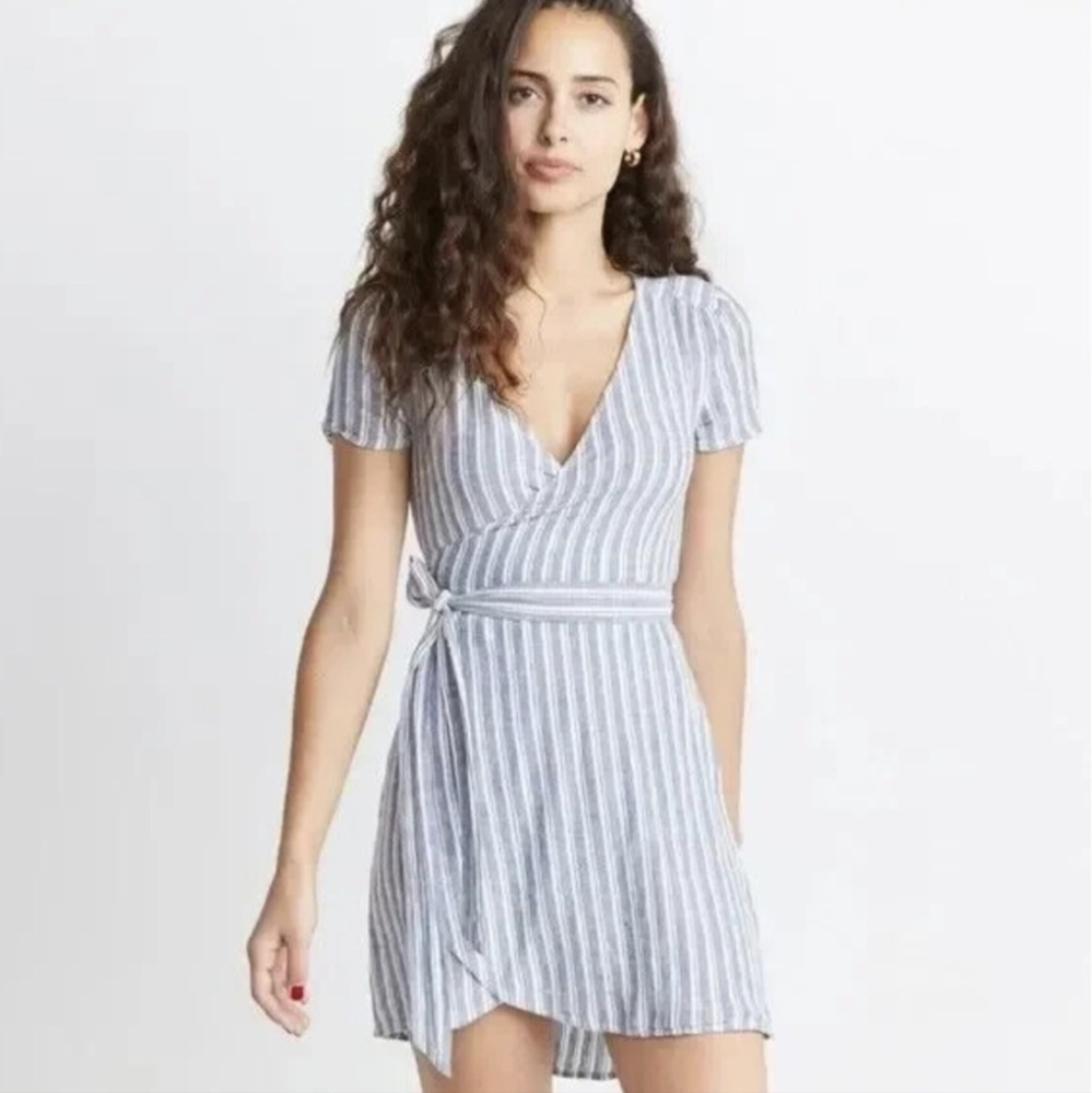 Marine Layer | Frances Linen Blend Short Sleeve Striped Wrap Dress XL Blue White